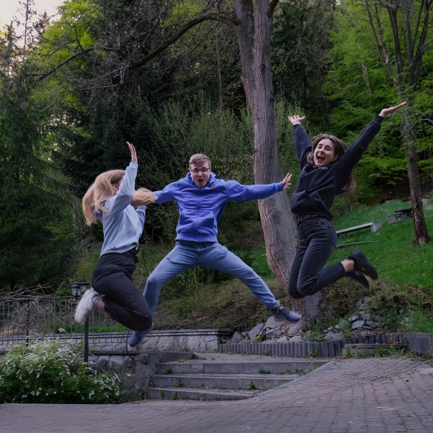 Obraz przedstawia troje młodych ludzi skaczących w powietrzu na tle drzew i trawy. Są ubrani w sportowe ubrania, w tym bluzy i jeansy, a scena emanuje energią i radością.