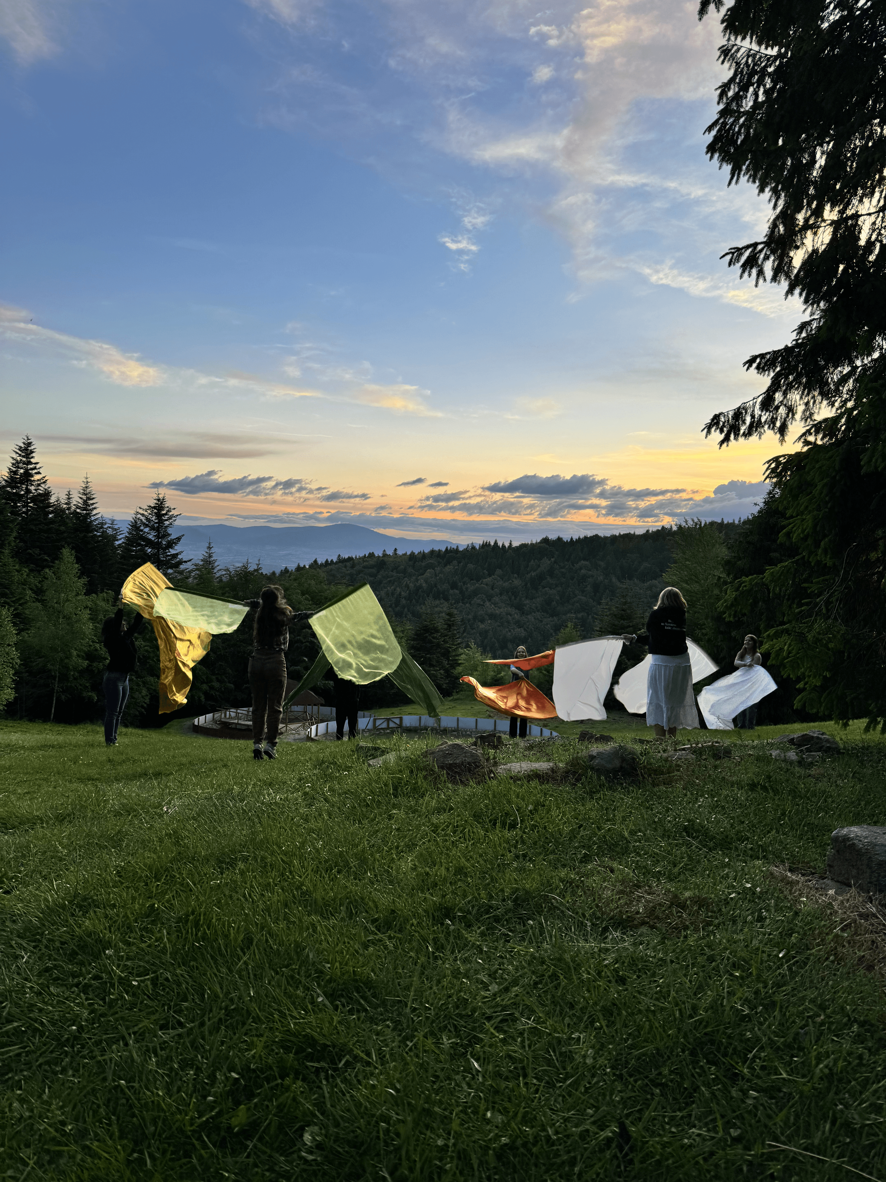 Grupa osób stojących na trawiastym wzgórzu z widokiem na las i góry podczas zachodu słońca. Uczestnicy trzymają i machają kolorowymi flagami (żółtym, zielonym, pomarańczowym i białym), tworząc dynamiczną scenę na tle malowniczego krajobrazu.